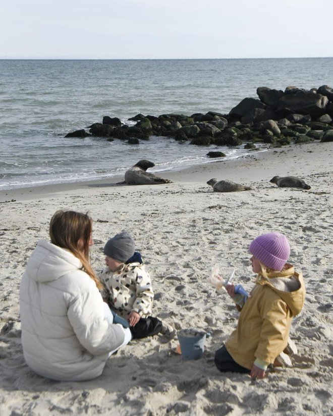 Nepopisna sreča otrok ob raziskovanju vseh stvari, ki jih najdemo na plaži. V ozadju tjulnji na plaži na Danskem. Foto: osebni arhiv