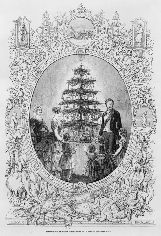 Božično drevo v gradu Windsor, ob katerem je zbrana britanska kraljeva družina s kraljico Viktorijo in princem Albertom. Ilustracijo J. L. Williamsa je decembra 1848 objavil tednik The Illustrated London News. Foto: Javna Last