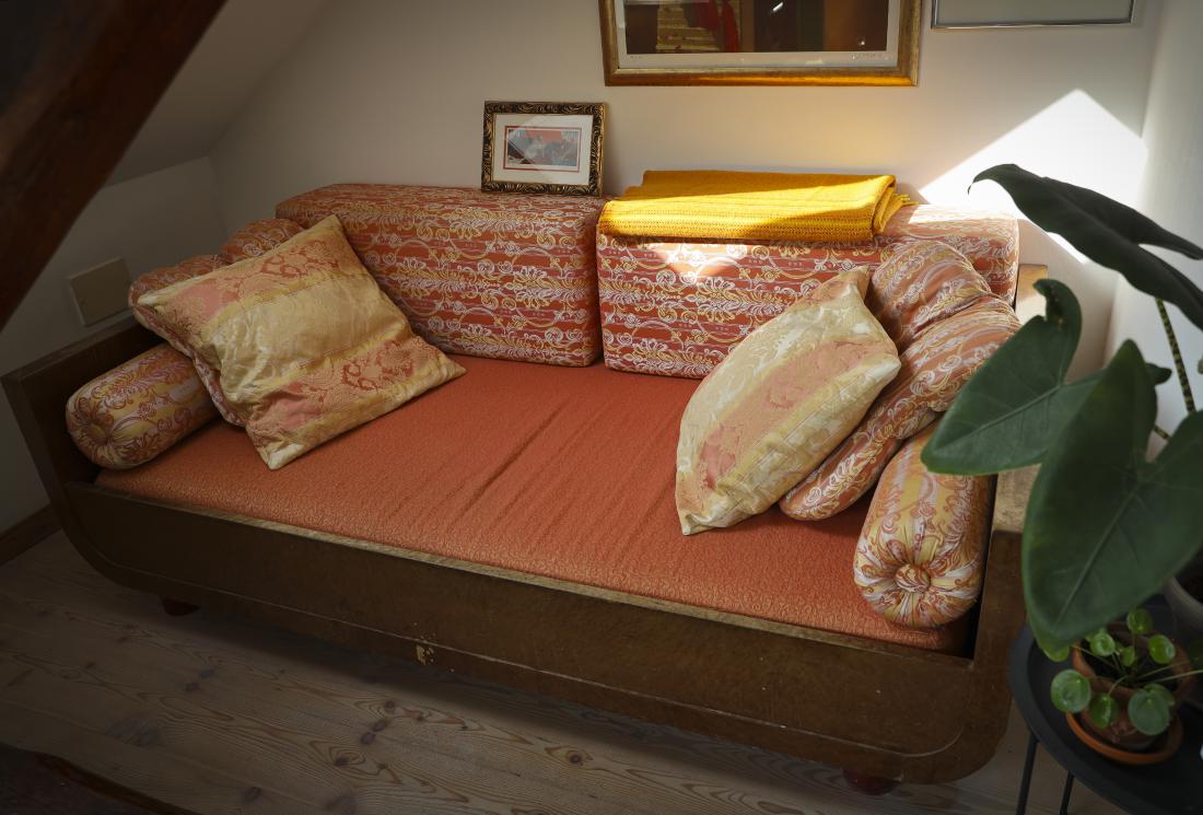Nekoč je bila to postelja babice Mare. Zdaj je oranžen kavč. Na njem počiva v pričakovanju mraka in nato noči.