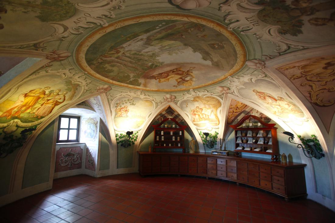 V stari samostanski lekarni so ohranjene izredno dragocene baročne freske. Foto: Jože Suhadolnik