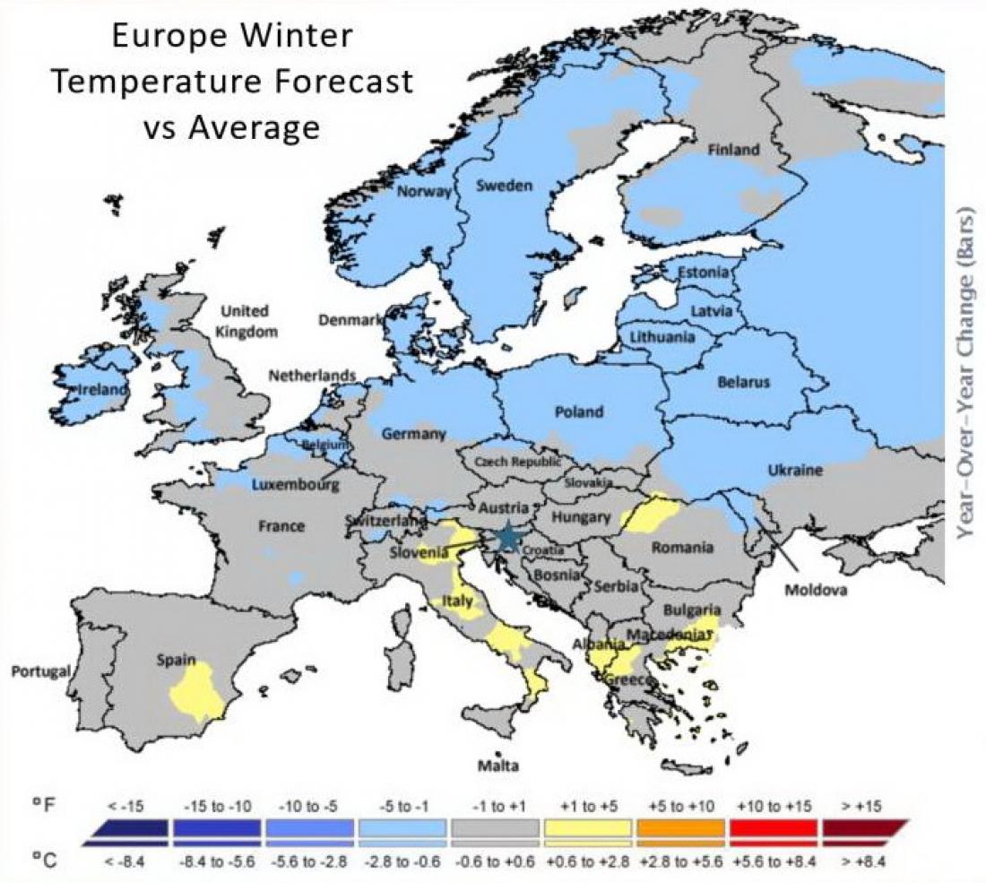 V večjem delu Evrope bo zima 2020/2021 hladnejša 35-letnega povprečja.